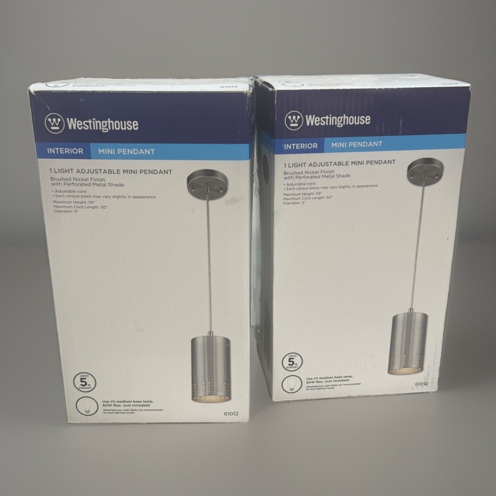 2-Westinghouse 1-Light Pendants Brushed Nickel 59" Adjustable Cord 5" NEW